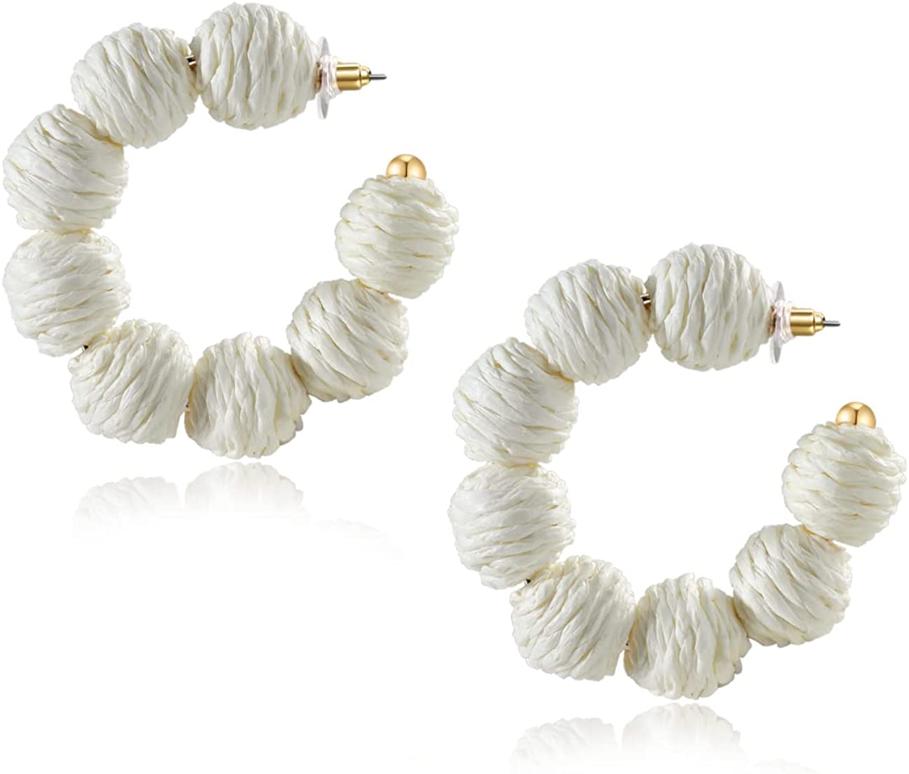 Rattan Earrings Summer Boho Raffia Ball Hoop Dangle Earrings for Women Girls Lightweight Straw Wicker Statement Earrings Bohemian Beach Earrings Jewelry Gifts White