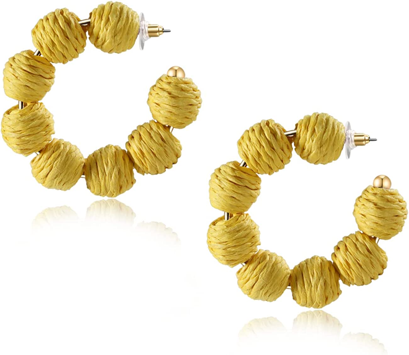 Rattan Earrings Summer Boho Raffia Ball Hoop Dangle Earrings for Women Girls Lightweight Straw Wicker Statement Earrings Bohemian Beach Earrings Jewelry Gifts Yellow