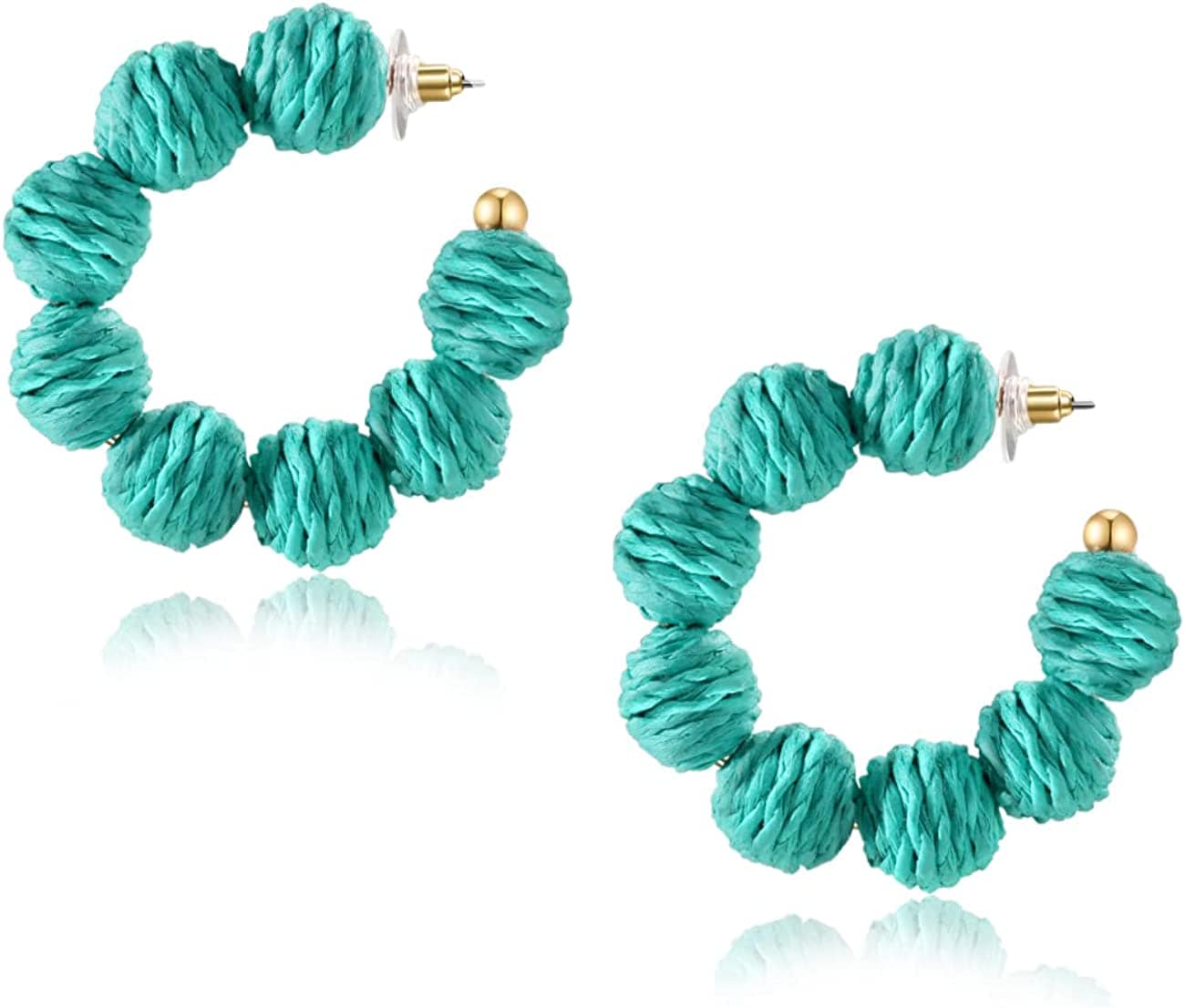 Rattan Earrings Summer Boho Raffia Ball Hoop Dangle Earrings for Women Girls Lightweight Straw Wicker Statement Earrings Bohemian Beach Earrings Jewelry Gifts Green