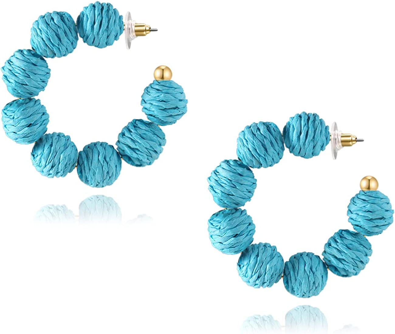 Rattan Earrings Summer Boho Raffia Ball Hoop Dangle Earrings for Women Girls Lightweight Straw Wicker Statement Earrings Bohemian Beach Earrings Jewelry Gifts Aqua Blue
