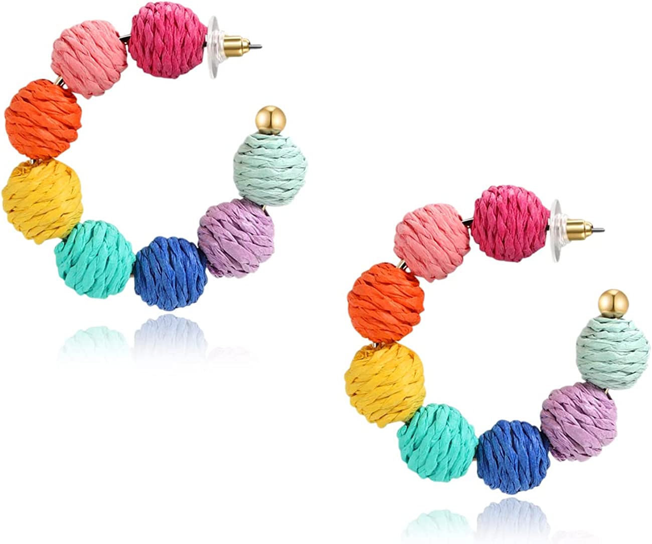 Rattan Earrings Summer Boho Raffia Ball Hoop Dangle Earrings for Women Girls Lightweight Straw Wicker Statement Earrings Bohemian Beach Earrings Jewelry Gifts Colorful