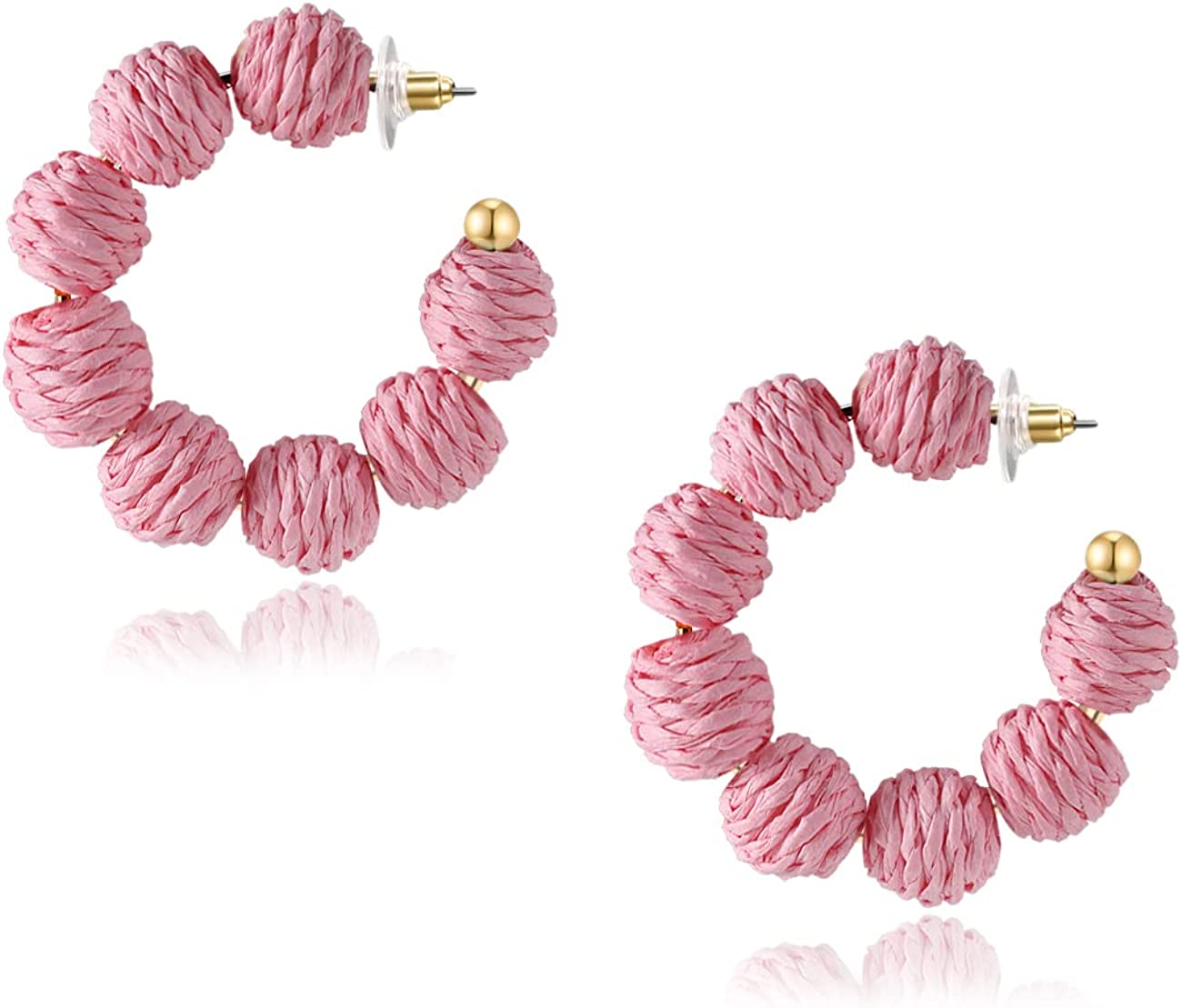 Rattan Earrings Summer Boho Raffia Ball Hoop Dangle Earrings for Women Girls Lightweight Straw Wicker Statement Earrings Bohemian Beach Earrings Jewelry Gifts Pink