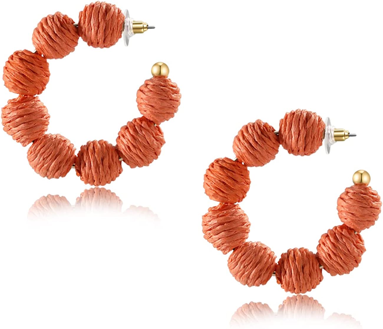 Rattan Earrings Summer Boho Raffia Ball Hoop Dangle Earrings for Women Girls Lightweight Straw Wicker Statement Earrings Bohemian Beach Earrings Jewelry Gifts Orange