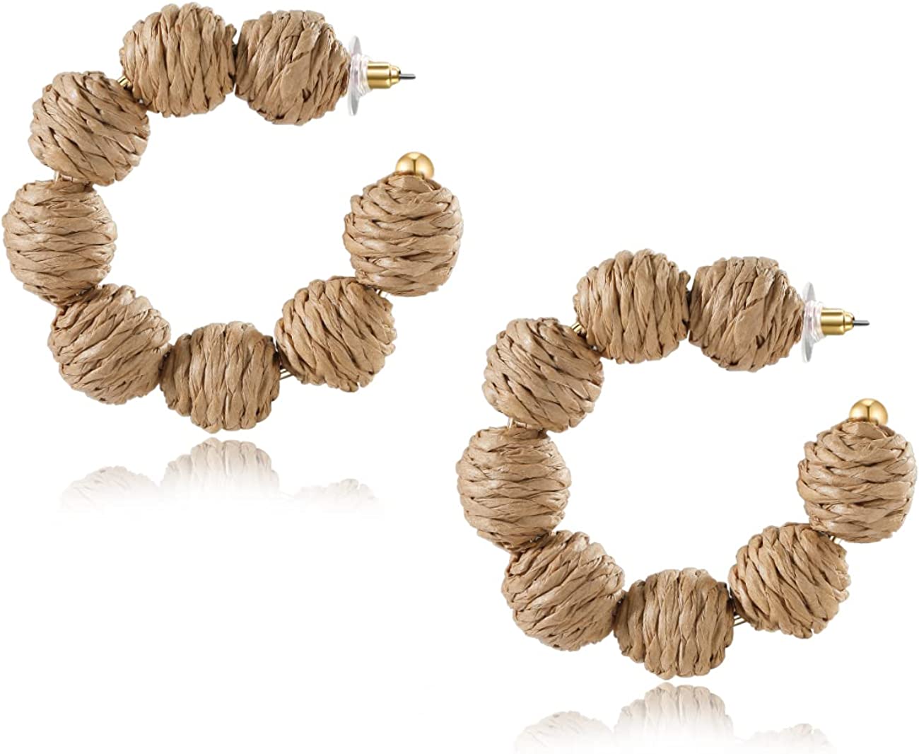 Rattan Earrings Summer Boho Raffia Ball Hoop Dangle Earrings for Women Girls Lightweight Straw Wicker Statement Earrings Bohemian Beach Earrings Jewelry Gifts Raffia