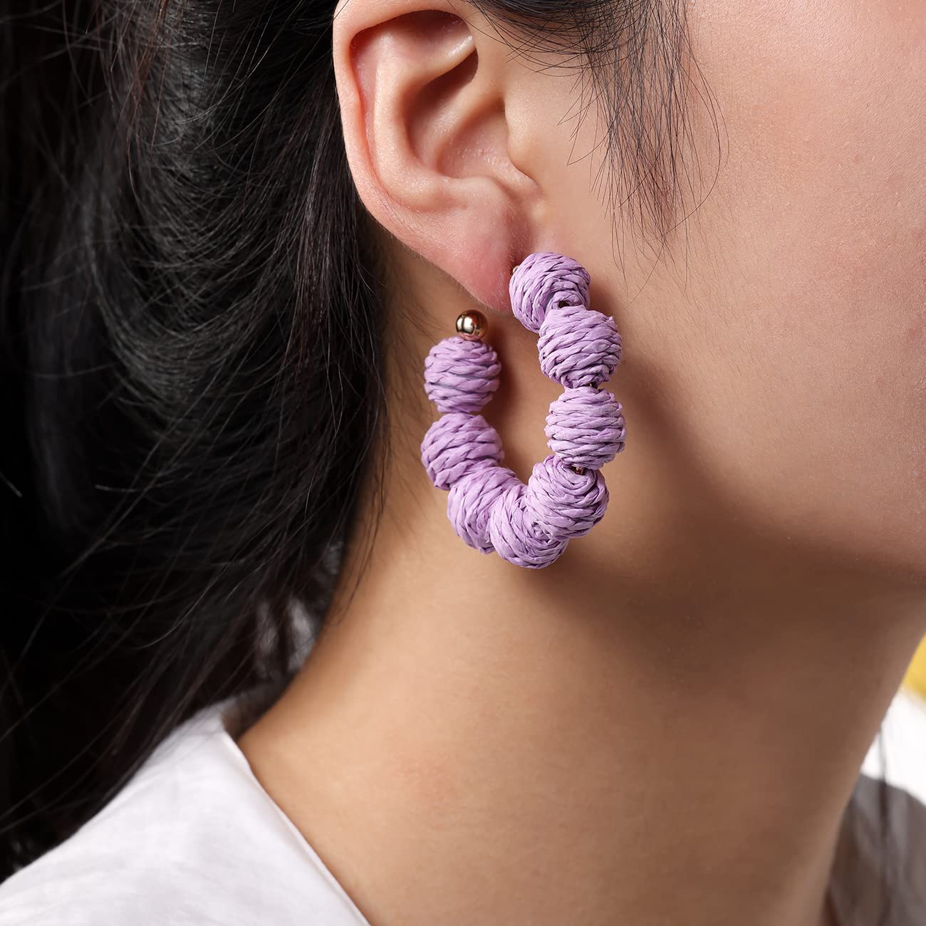 Rattan Earrings Summer Boho Raffia Ball Hoop Dangle Earrings for Women Girls Lightweight Straw Wicker Statement Earrings Bohemian Beach Earrings Jewelry Gifts