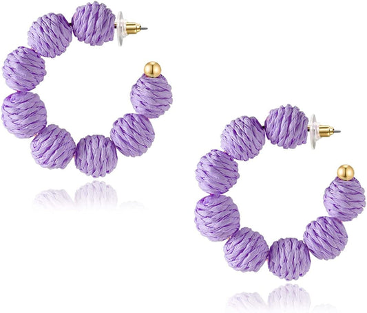 Rattan Earrings Summer Boho Raffia Ball Hoop Dangle Earrings for Women Girls Lightweight Straw Wicker Statement Earrings Bohemian Beach Earrings Jewelry Gifts