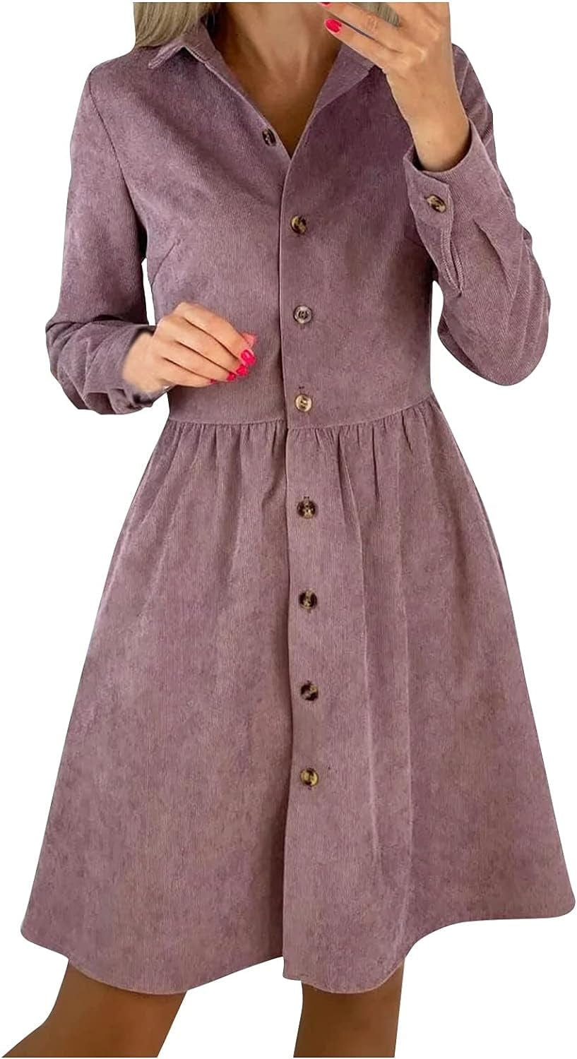 RDEGOOCHA Long Sleeve Dress, Lapel V Neck A-Line Midi Dress Collar Elastic Waist Swing Button down Business Dress 01-Purple / Large