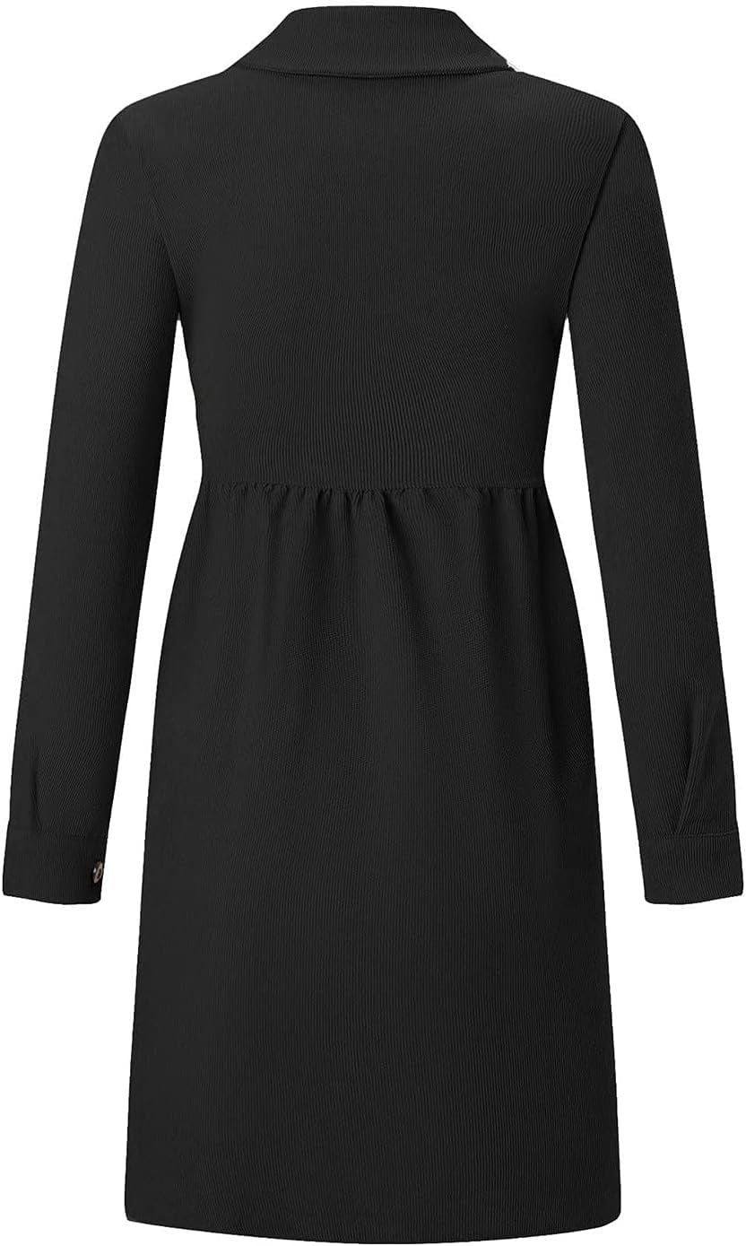 RDEGOOCHA Long Sleeve Dress, Lapel V Neck A-Line Midi Dress Collar Elastic Waist Swing Button down Business Dress
