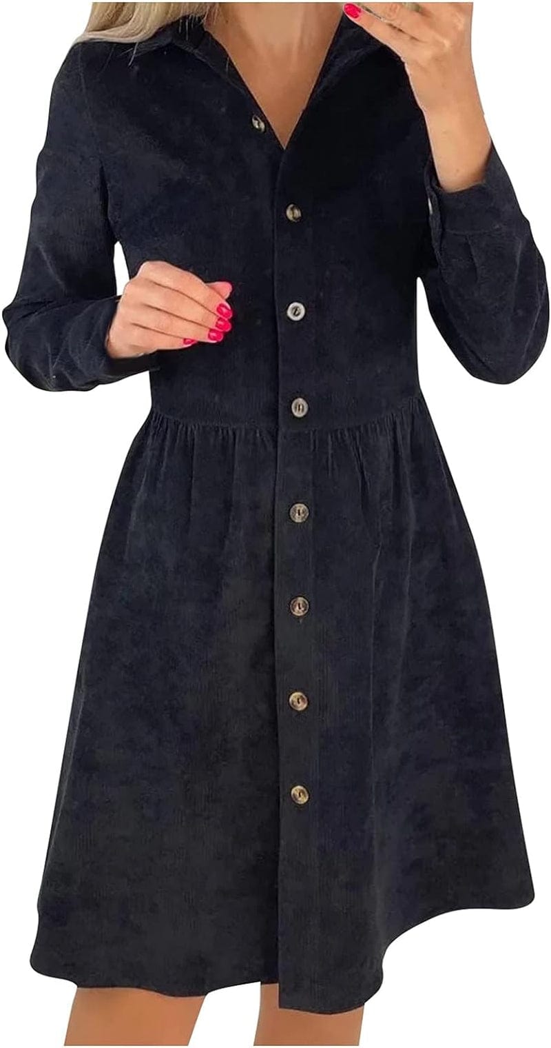 RDEGOOCHA Long Sleeve Dress, Lapel V Neck A-Line Midi Dress Collar Elastic Waist Swing Button down Business Dress