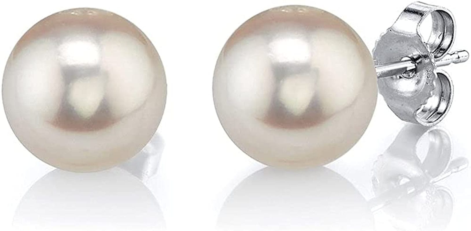 Real Pearl Earrings for Women with round White Freshwater Genuine Cultured Pearls, Hypoallergenic 14K Solid Gold Stud Earrings - the PEARL SOURCE 7.0-7.5mm / White Gold