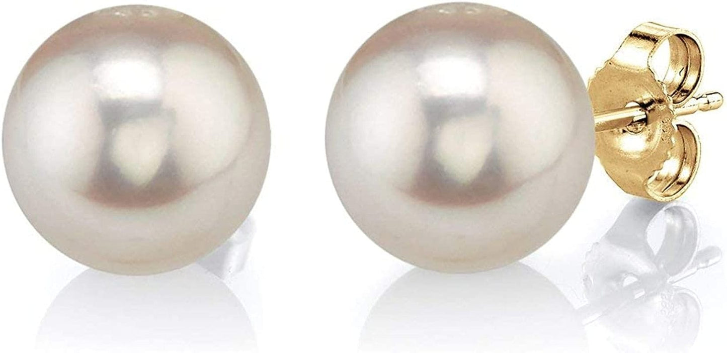 Real Pearl Earrings for Women with round White Freshwater Genuine Cultured Pearls, Hypoallergenic 14K Solid Gold Stud Earrings - the PEARL SOURCE 9.0-9.5mm / Yellow Gold