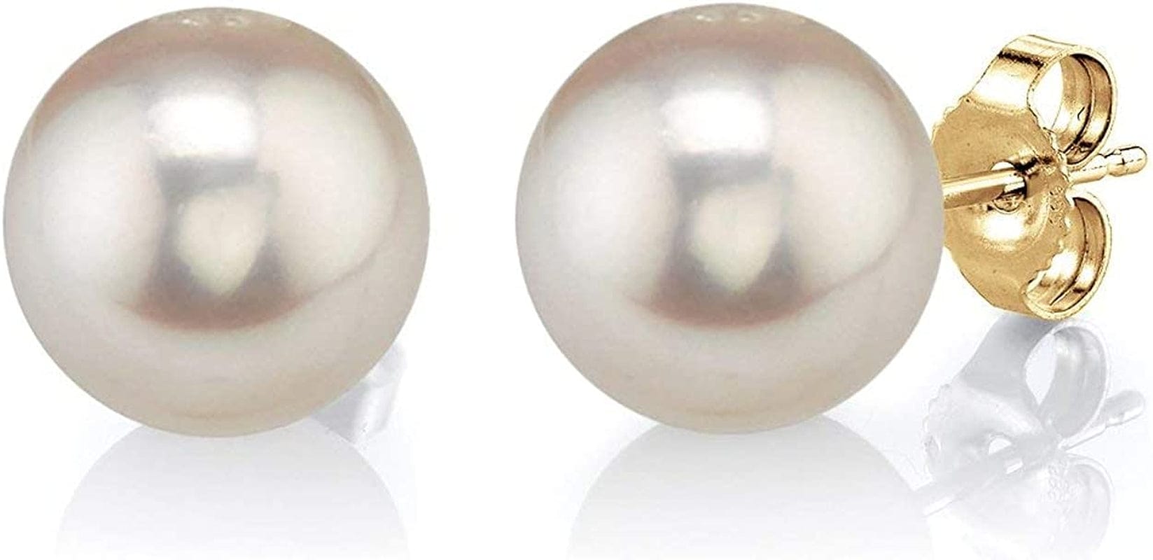 Real Pearl Earrings for Women with round White Freshwater Genuine Cultured Pearls, Hypoallergenic 14K Solid Gold Stud Earrings - the PEARL SOURCE 9.0-9.5mm / Yellow Gold