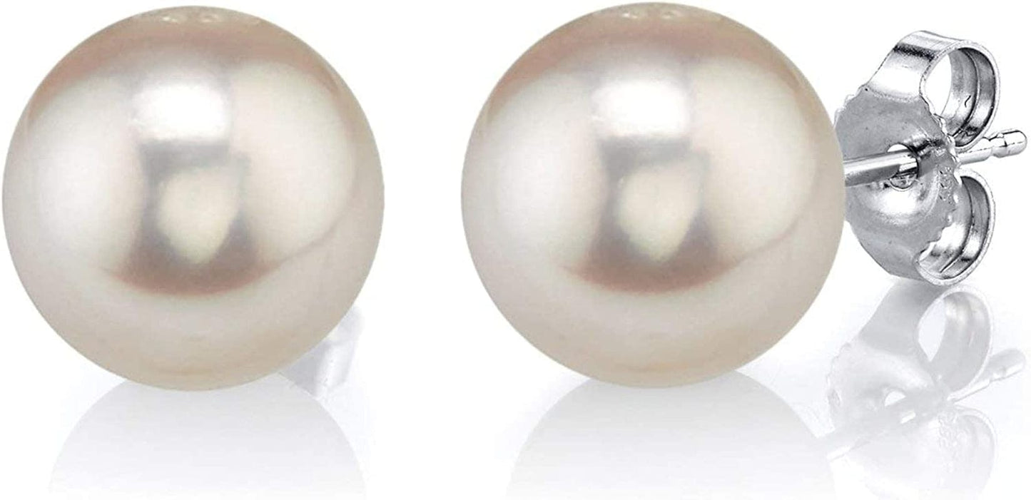 Real Pearl Earrings for Women with round White Freshwater Genuine Cultured Pearls, Hypoallergenic 14K Solid Gold Stud Earrings - the PEARL SOURCE 10.0-10.5mm / White Gold