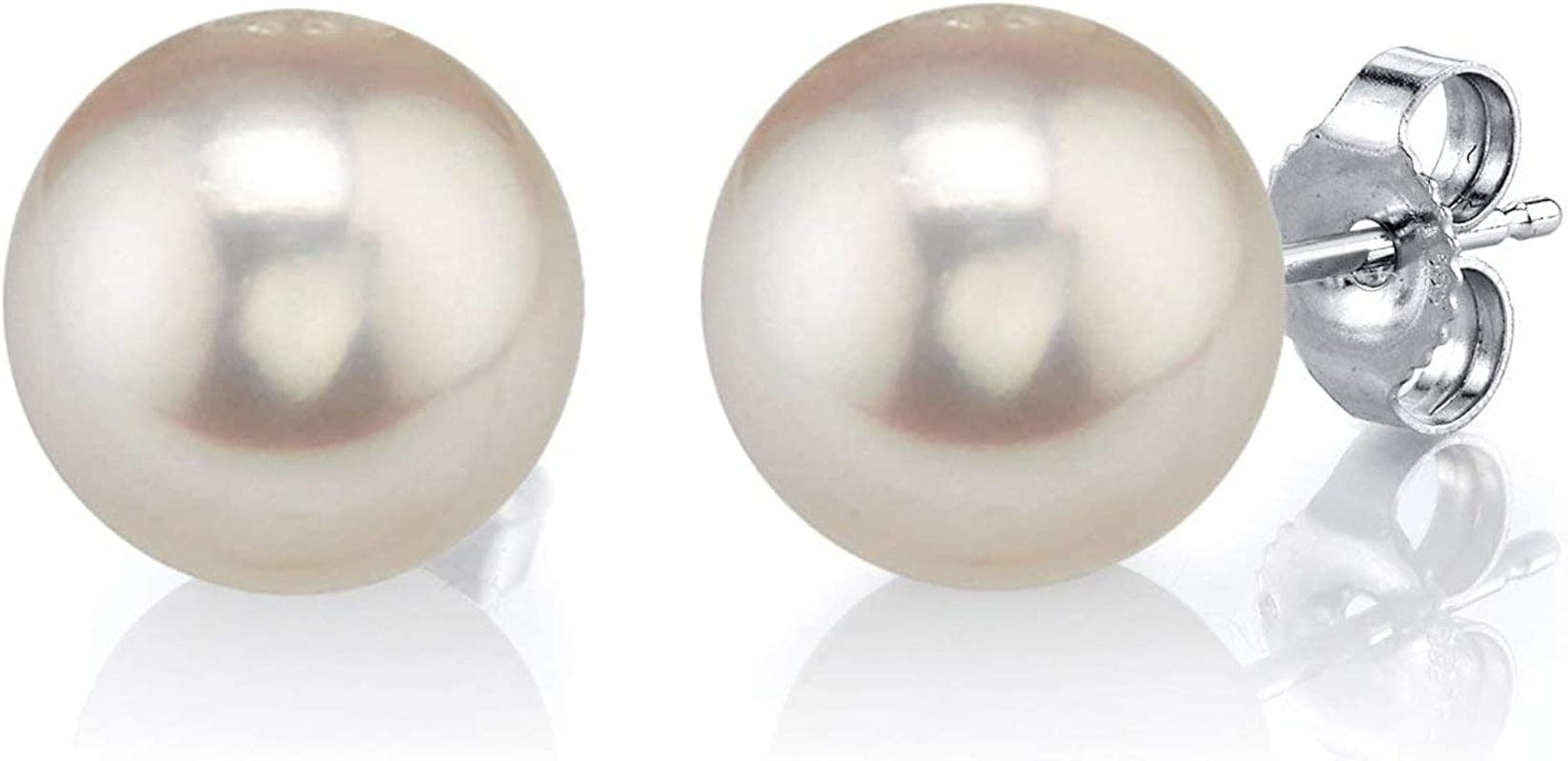 Real Pearl Earrings for Women with round White Freshwater Genuine Cultured Pearls, Hypoallergenic 14K Solid Gold Stud Earrings - the PEARL SOURCE 10.0-10.5mm / White Gold