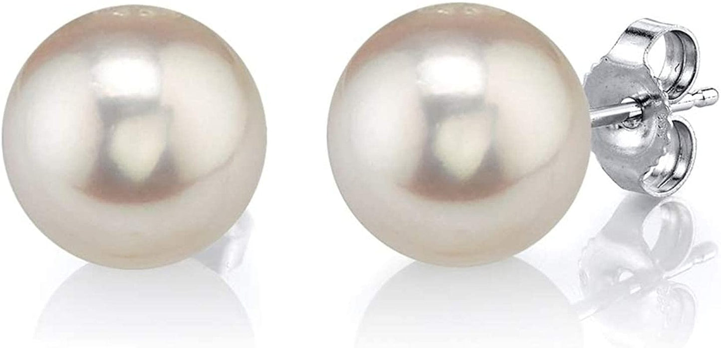 Real Pearl Earrings for Women with round White Freshwater Genuine Cultured Pearls, Hypoallergenic 14K Solid Gold Stud Earrings - the PEARL SOURCE 9.0-9.5mm / White Gold