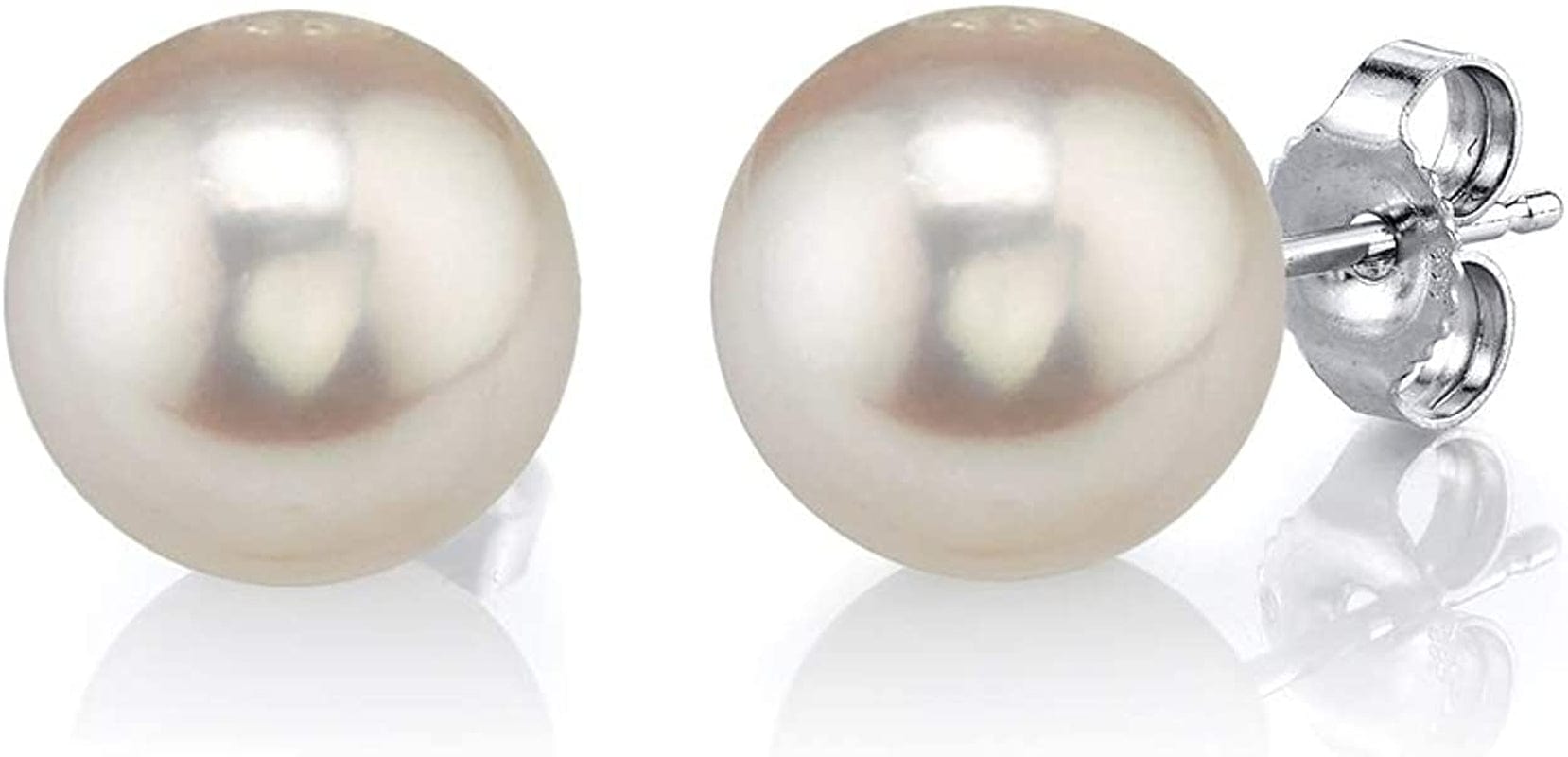 Real Pearl Earrings for Women with round White Freshwater Genuine Cultured Pearls, Hypoallergenic 14K Solid Gold Stud Earrings - the PEARL SOURCE 9.0-9.5mm / White Gold