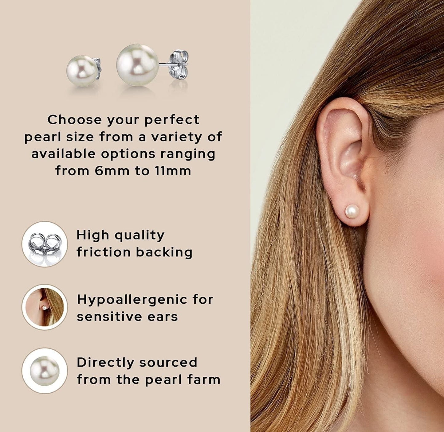 Real Pearl Earrings for Women with round White Freshwater Genuine Cultured Pearls, Hypoallergenic 14K Solid Gold Stud Earrings - the PEARL SOURCE