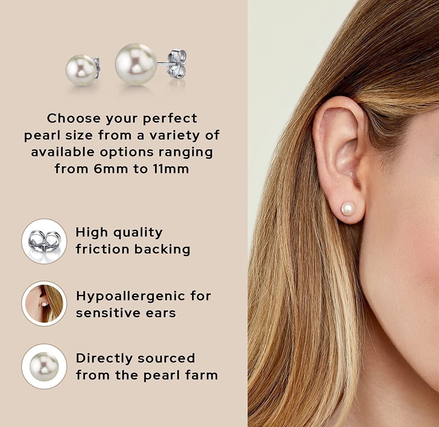 Real Pearl Earrings for Women with round White Freshwater Genuine Cultured Pearls, Hypoallergenic 14K Solid Gold Stud Earrings - the PEARL SOURCE