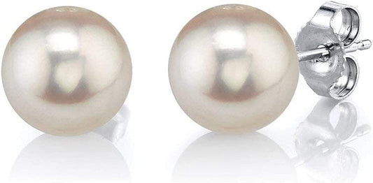 Real Pearl Earrings for Women with round White Freshwater Genuine Cultured Pearls, Hypoallergenic 14K Solid Gold Stud Earrings - the PEARL SOURCE 6.0-6.5mm / White Gold