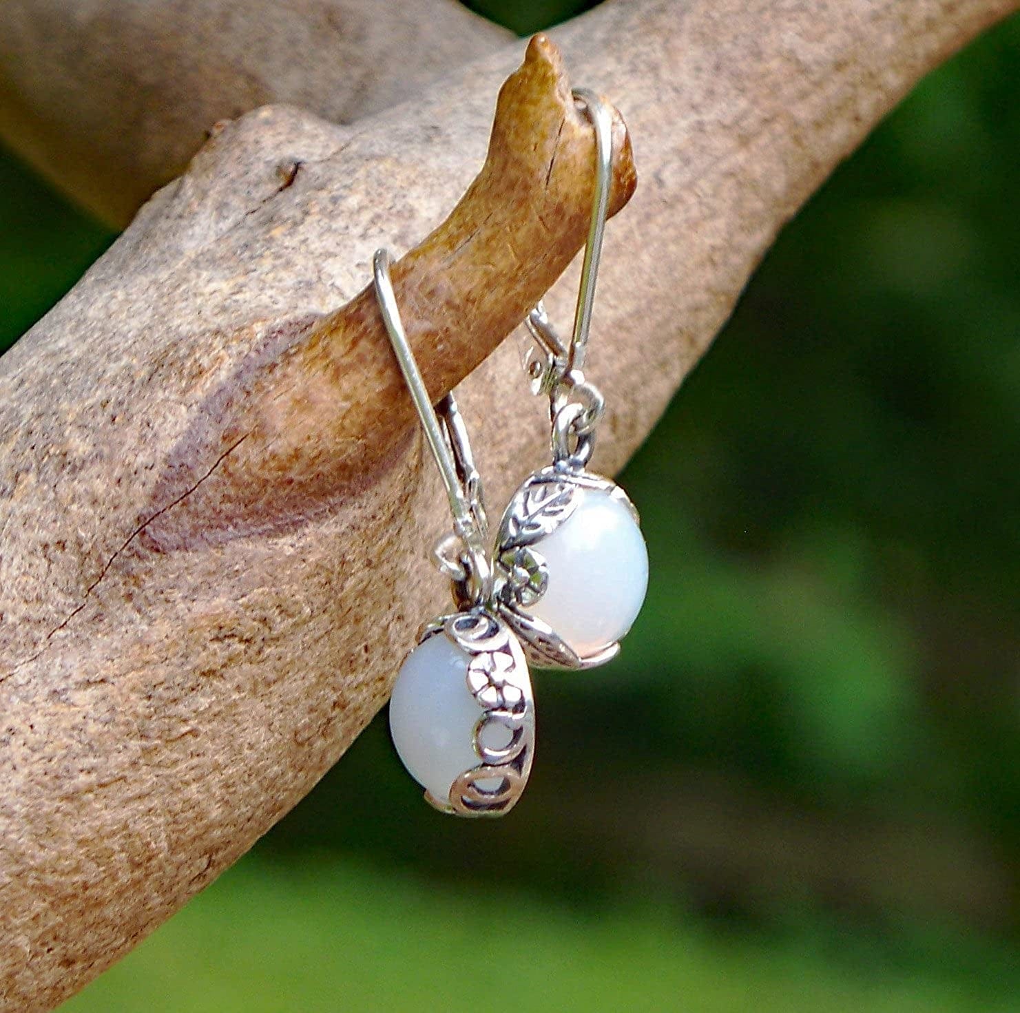 Recycled Vintage White 1960'S Cold Cream Bottle Sterling Silver Botanical Leverback Earrings
