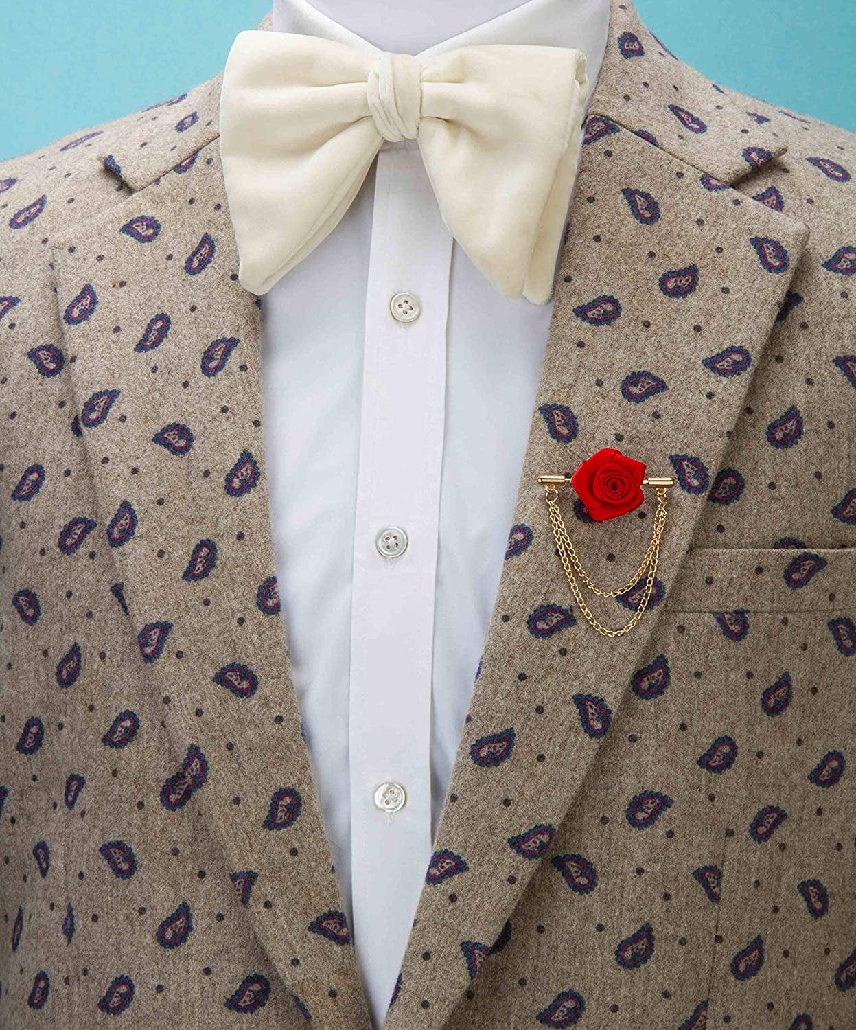 Red Rose with Double Hanging Chain Lapel Pin/Brooch for Men
