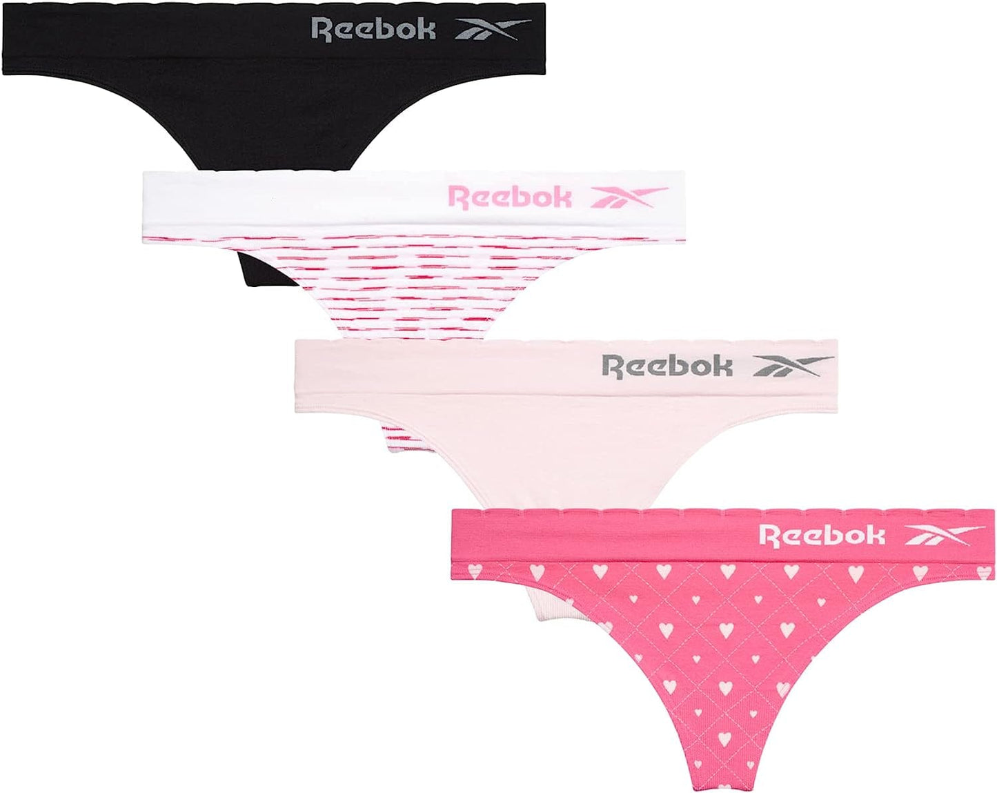 Reebok Women'S Underwear - Seamless Thong (4 Pack) Carmine Rose Jacquard/ Pink Lady/ Carmine Rose Spacedye/ Black / Medium