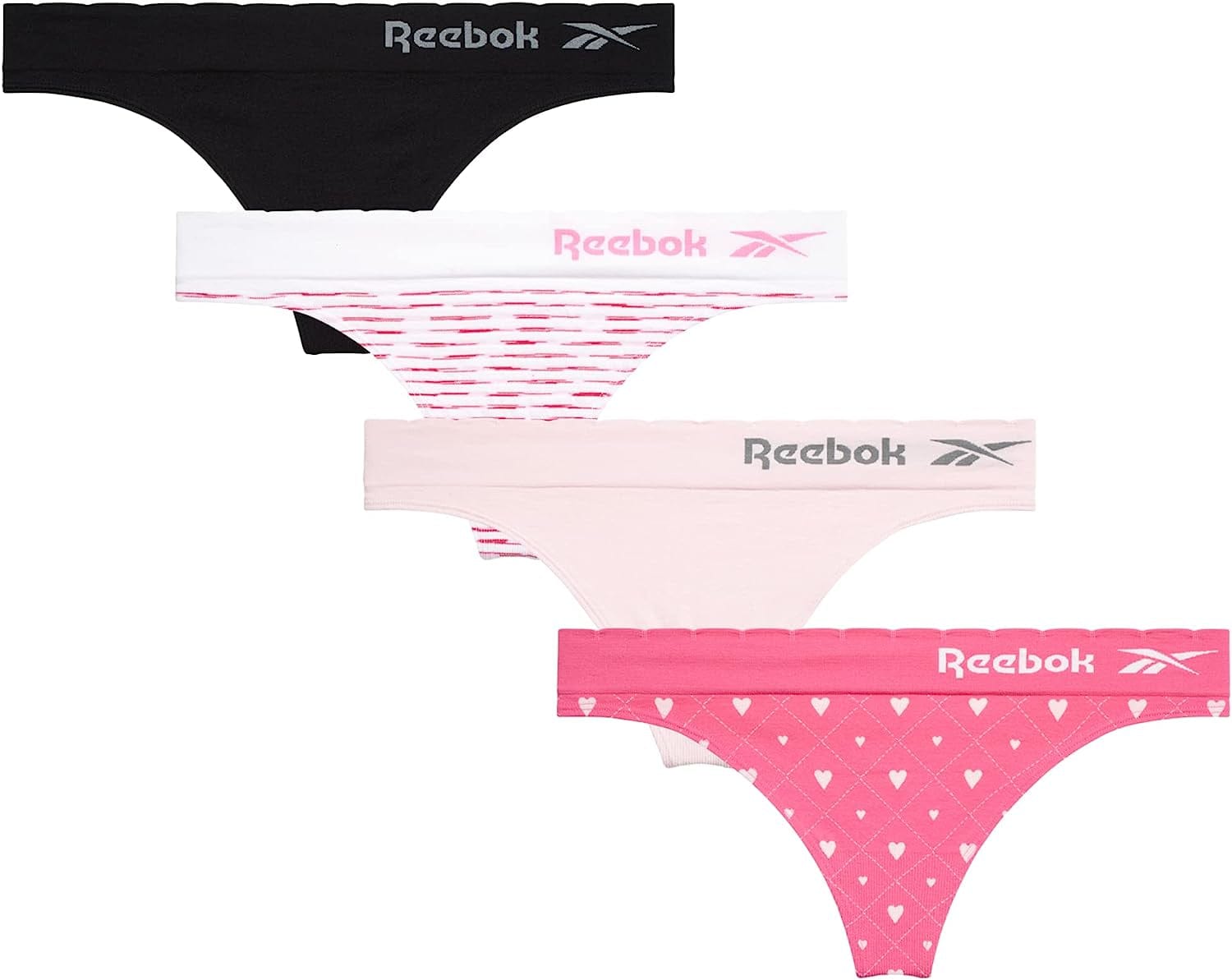 Reebok Women'S Underwear - Seamless Thong (4 Pack) Carmine Rose Jacquard/ Pink Lady/ Carmine Rose Spacedye/ Black / Medium