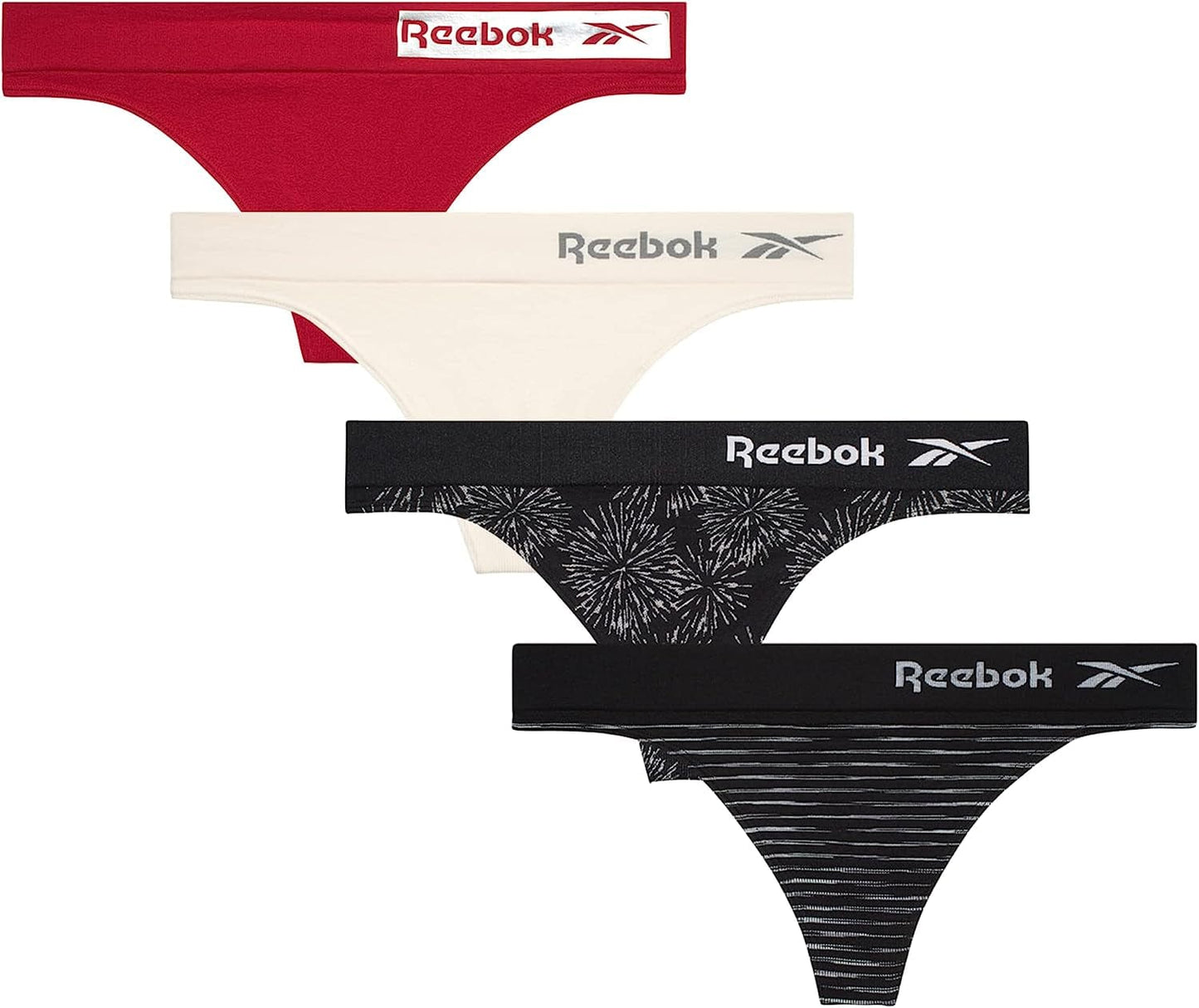 Reebok Women'S Underwear - Seamless Thong (4 Pack) Black Jacquard/ Soft Pink/ Crimson/ Black Spacedye / Medium