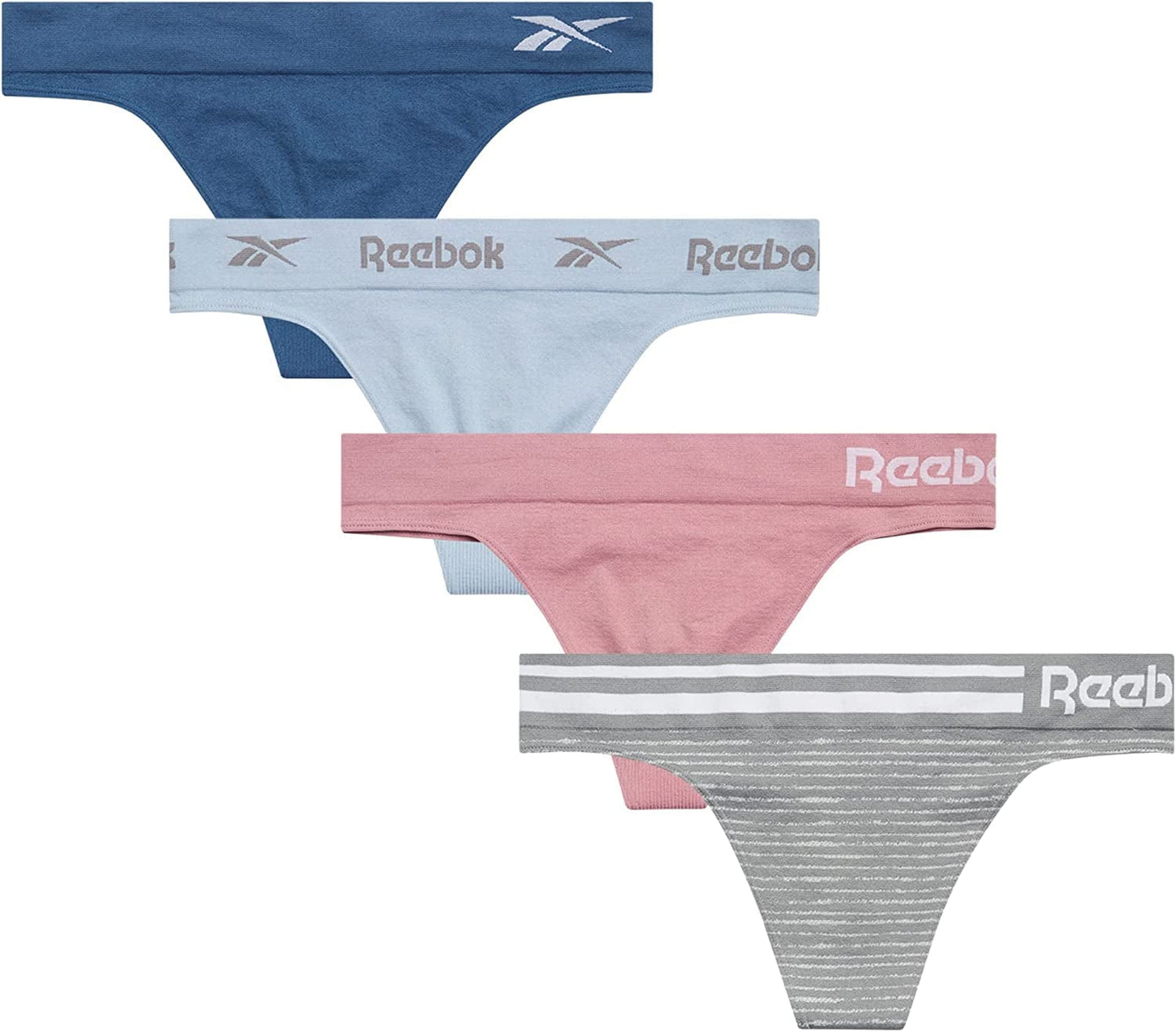 Reebok Women'S Underwear - Seamless Thong (4 Pack) Stripe Grey/Blue/Purple / Large