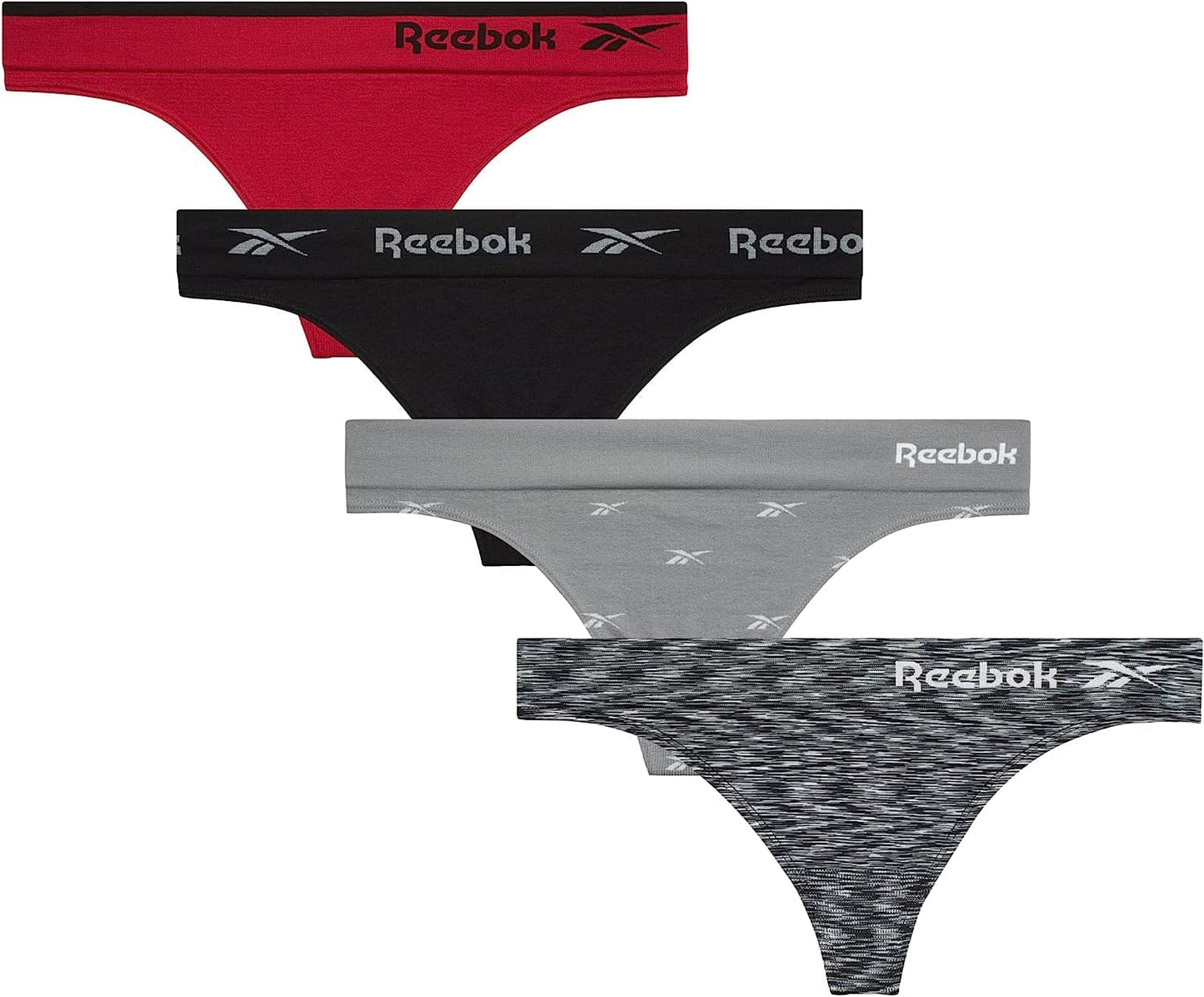 Reebok Women'S Underwear - Seamless Thong (4 Pack) Sharkskin Jacquard/ Black/ Crimson/ Black Spacedye / X-Large