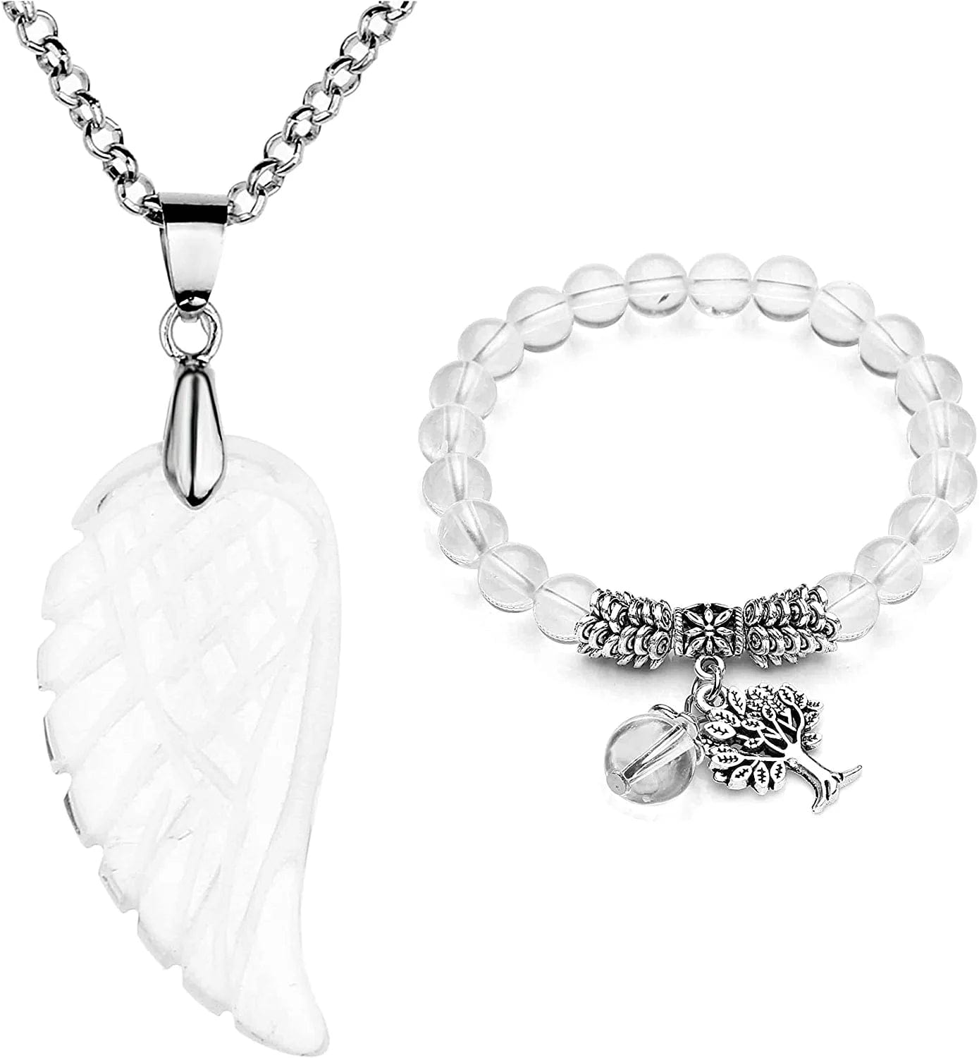 Reiki Healing Crystal Quartz Gemstones Jewelry Angel Wings Carved Stone Pendant Necklace Tree of Life Charm Stretch Bracelet Set White - Clear Quartz