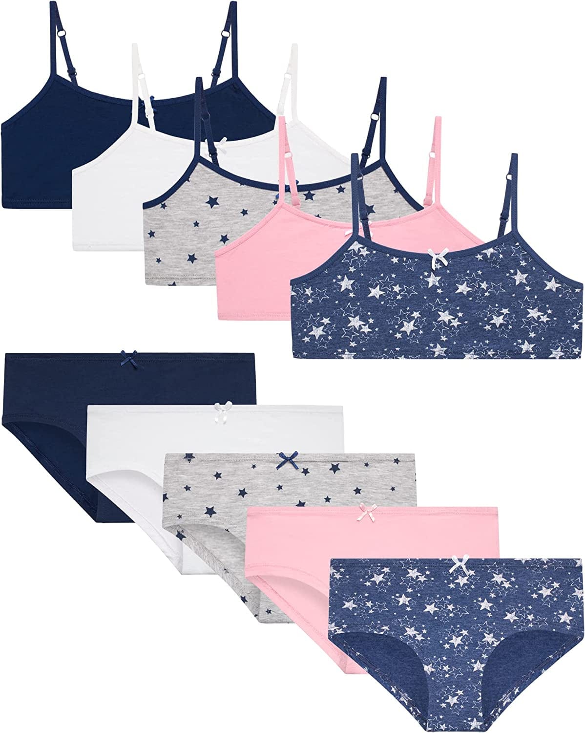 Rene Rofe Girls’ Training Bra Set – 10 Piece Cotton Cami Bralette and Hipster Briefs (M-XL) Stars Combo / Large