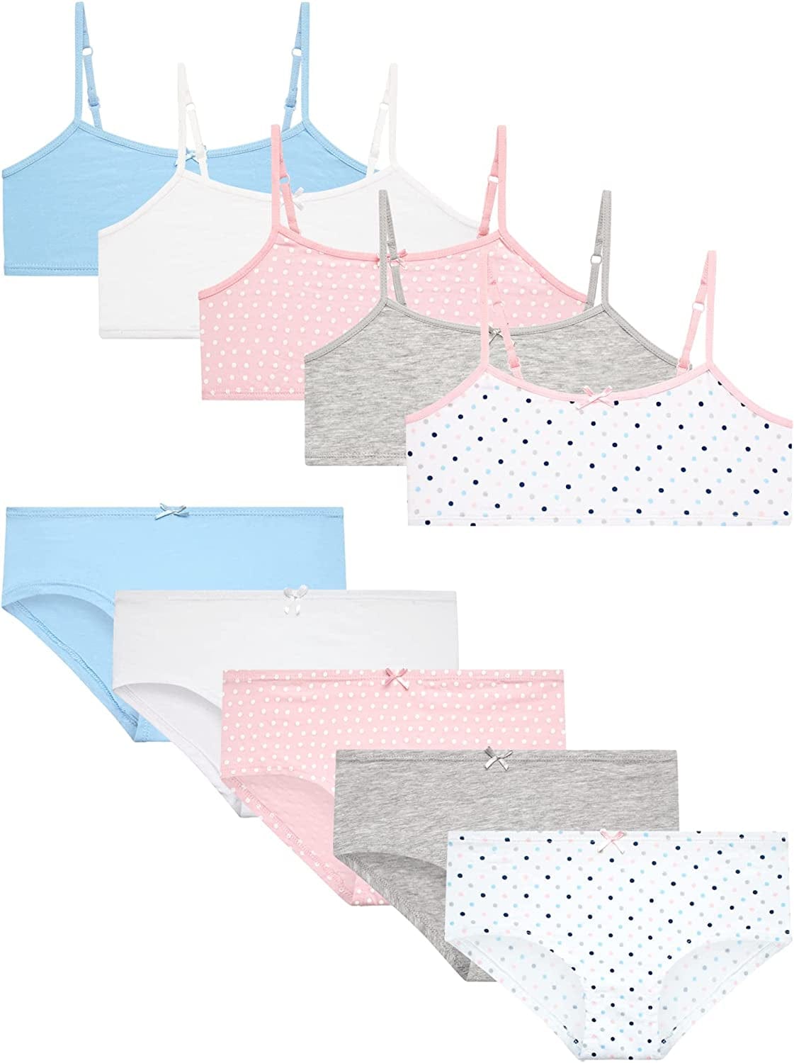Rene Rofe Girls’ Training Bra Set – 10 Piece Cotton Cami Bralette and Hipster Briefs (M-XL) Dots Combo / Large