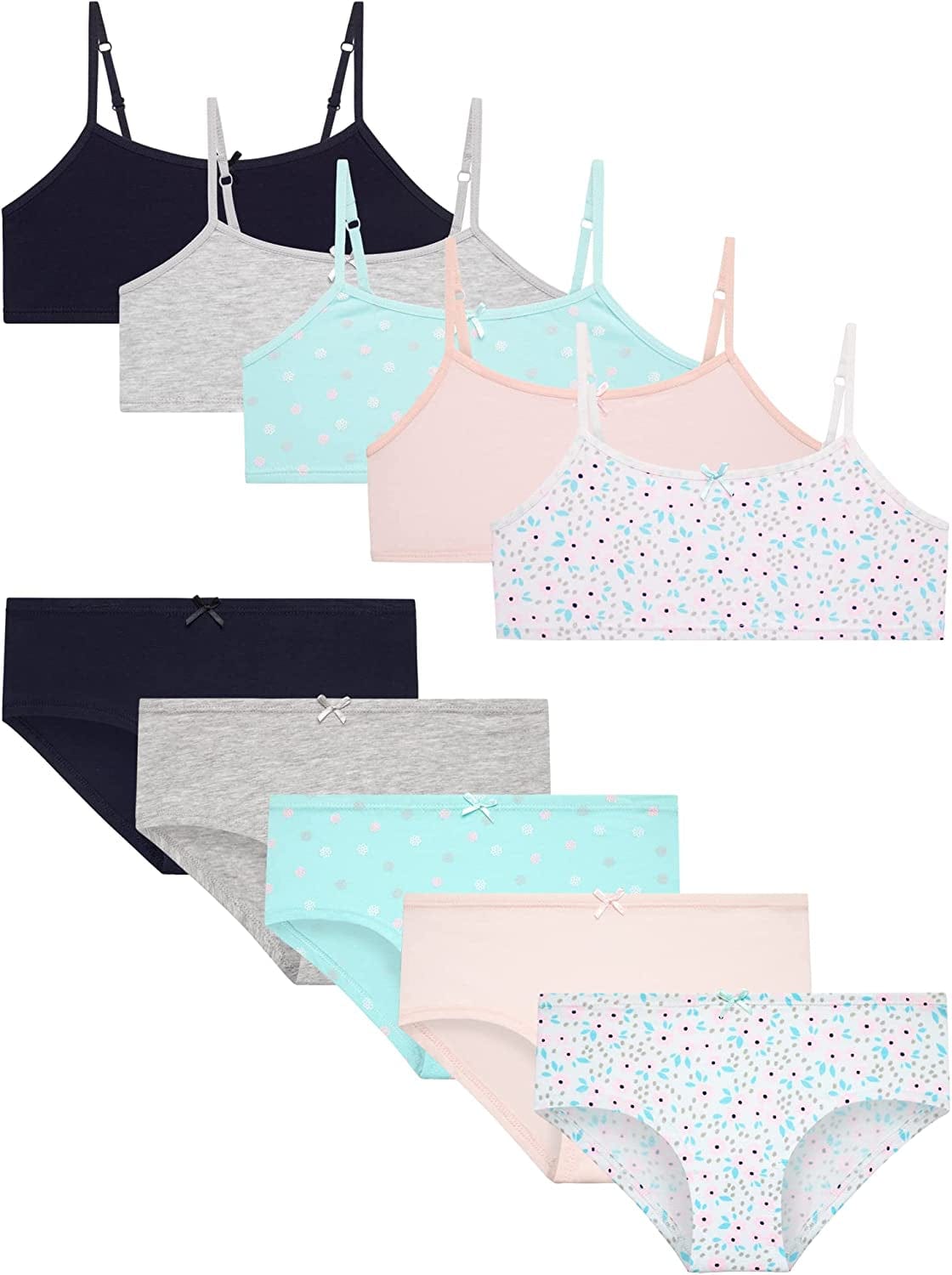 Rene Rofe Girls’ Training Bra Set – 10 Piece Cotton Cami Bralette and Hipster Briefs (M-XL) Floral Combo / Large