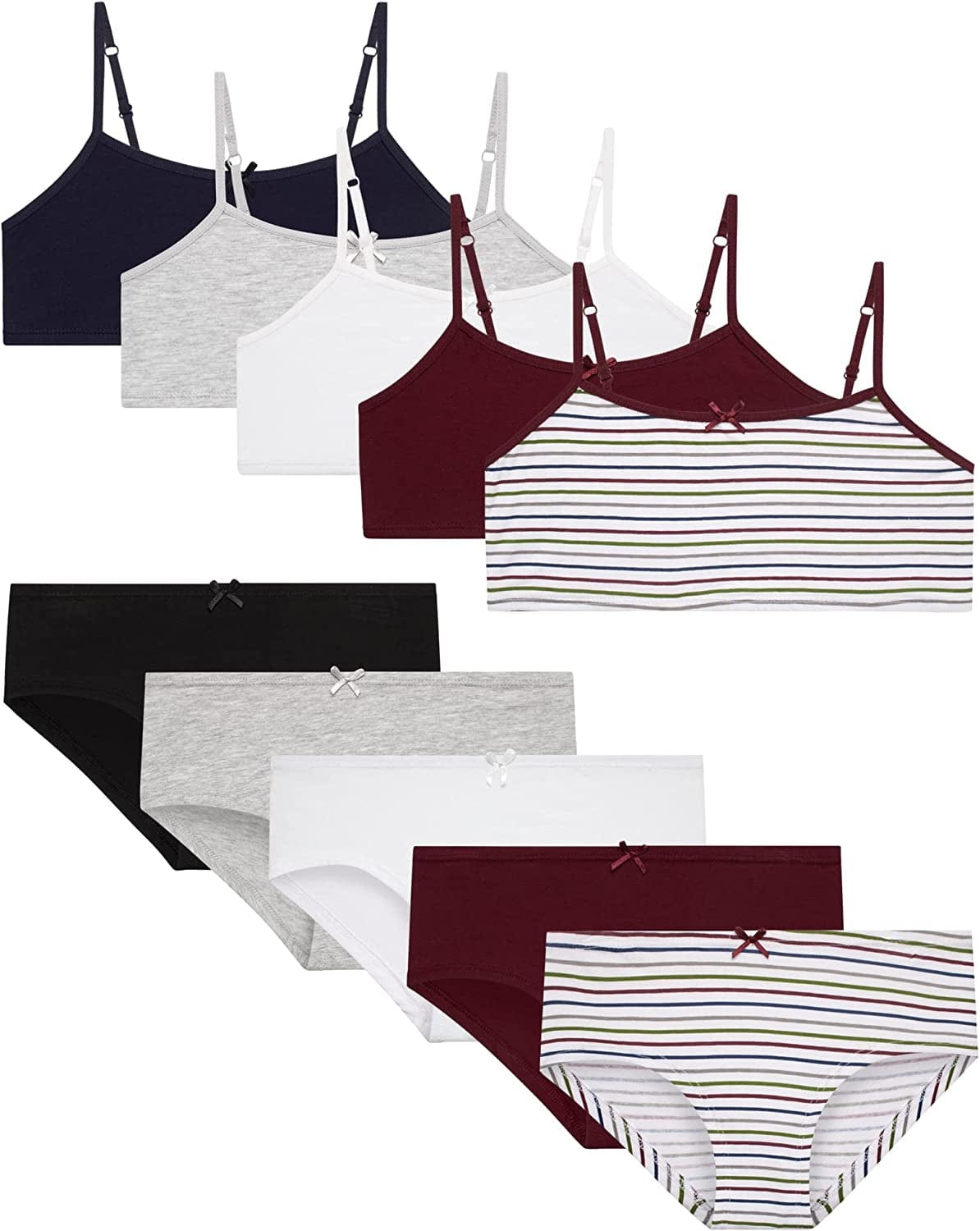 Rene Rofe Girls’ Training Bra Set – 10 Piece Cotton Cami Bralette and Hipster Briefs (M-XL) Bordeaux Stripes / Large