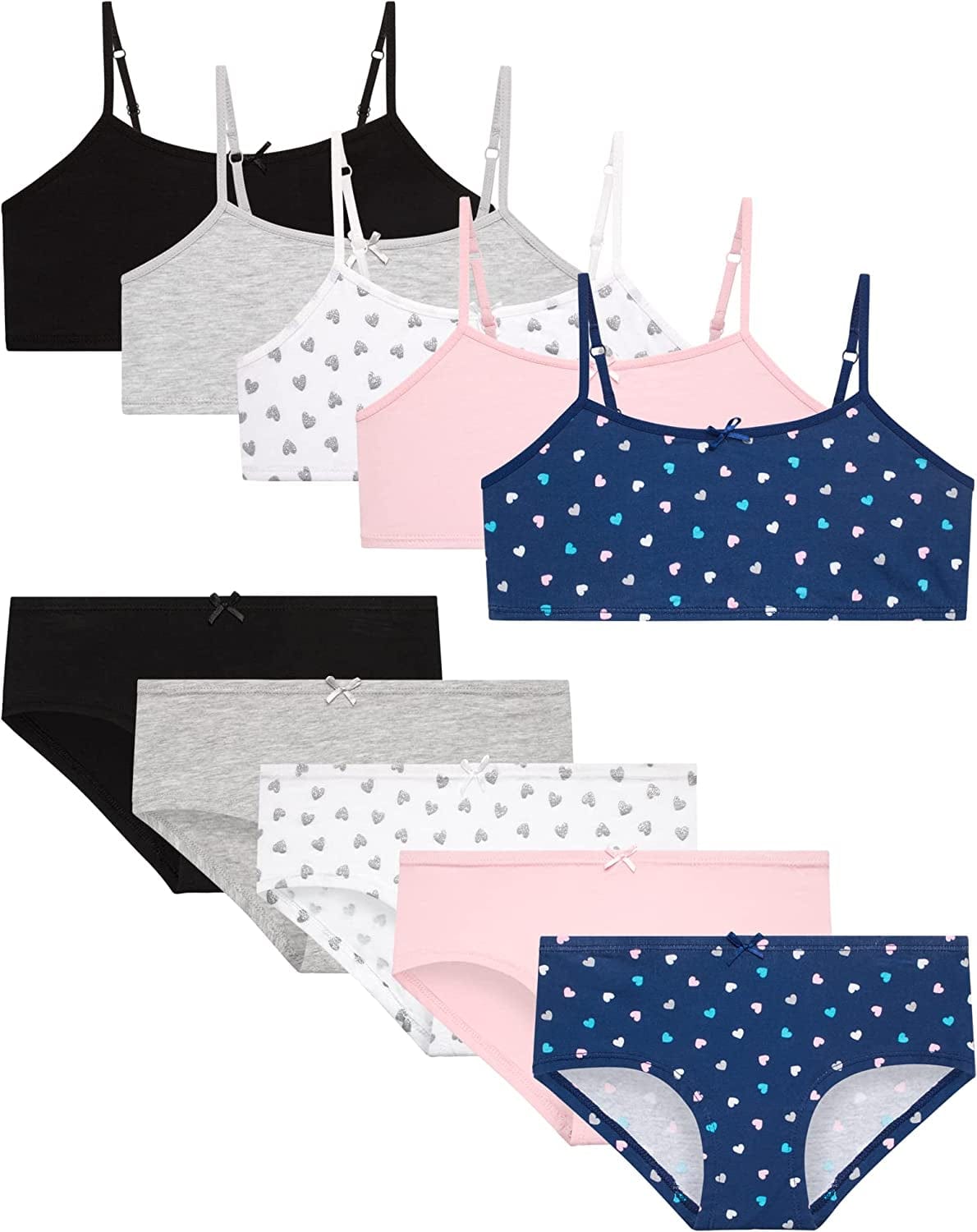 Rene Rofe Girls’ Training Bra Set – 10 Piece Cotton Cami Bralette and Hipster Briefs (M-XL) Hearts Combo / Large