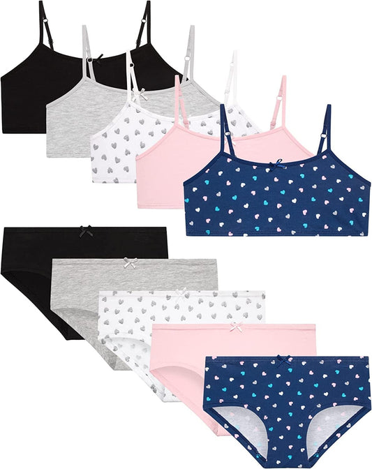 Rene Rofe Girls’ Training Bra Set – 10 Piece Cotton Cami Bralette and Hipster Briefs (M-XL) Hearts Combo / Large