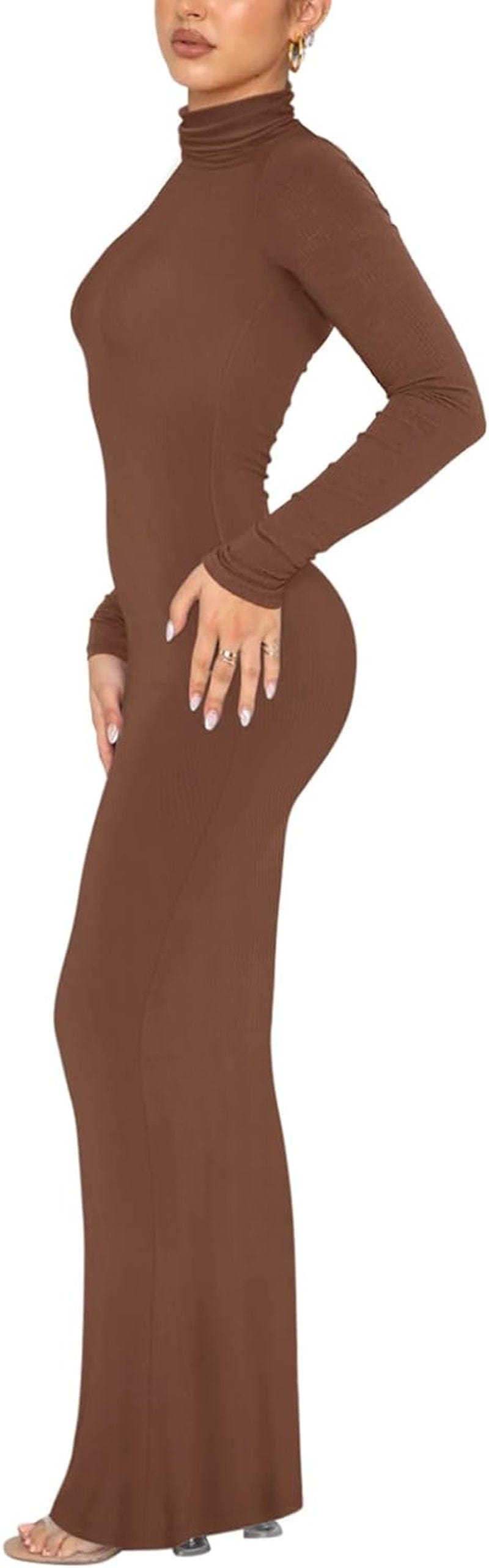 REORIA Women'S Casual Mock Turtleneck Long Sleeve Elegant Long Dress Lounge Ribbed Bodycon Maxi Dresses