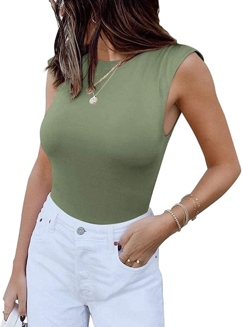 REORIA Women’S Casual Sleeveless Crew Neck Pads Shoulder Bodysuit Tank Tops Dark Green / Small