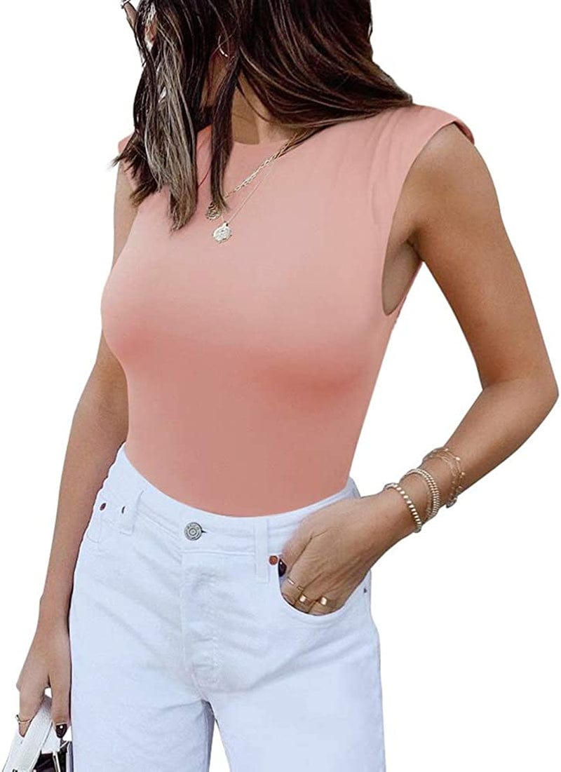 REORIA Women’S Casual Sleeveless Crew Neck Pads Shoulder Bodysuit Tank Tops Pink / Small