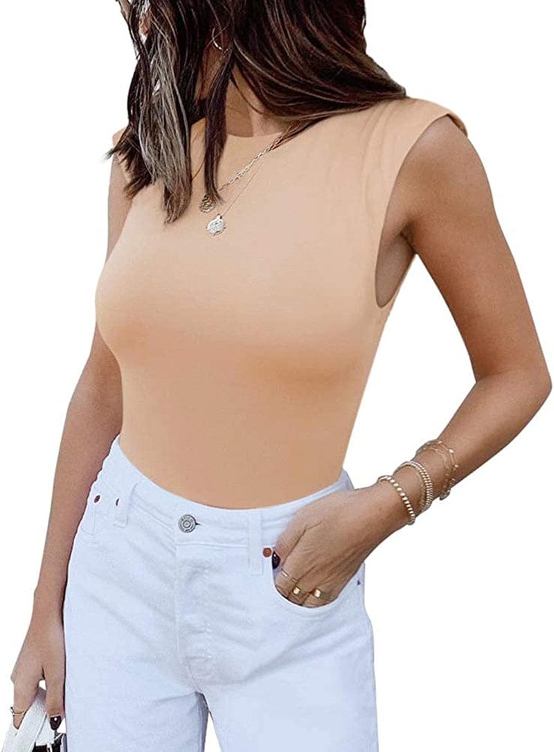 REORIA Women’S Casual Sleeveless Crew Neck Pads Shoulder Bodysuit Tank Tops Nude / Small