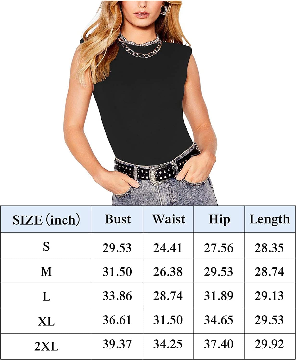 REORIA Women’S Casual Sleeveless Crew Neck Pads Shoulder Bodysuit Tank Tops