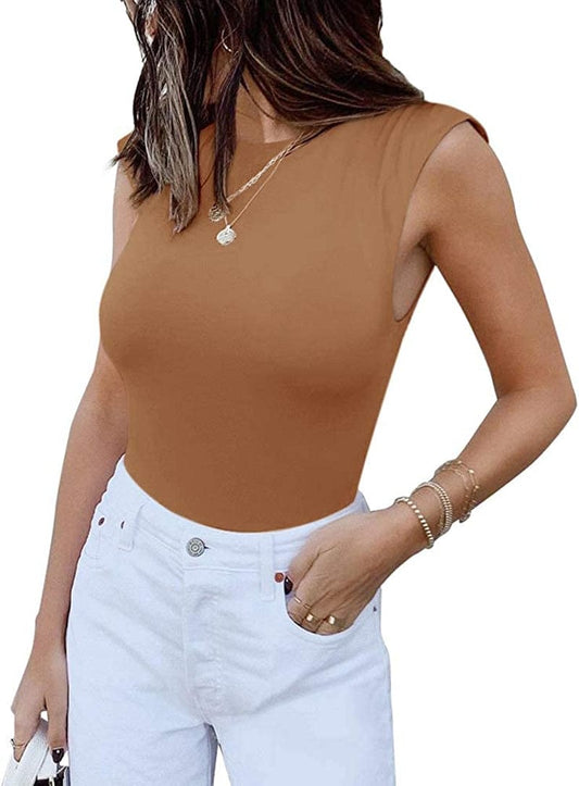 REORIA Women’S Casual Sleeveless Crew Neck Pads Shoulder Bodysuit Tank Tops Brown / Small