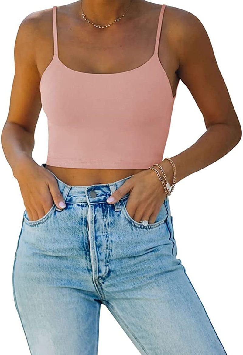 REORIA Women’S Sexy Adjustable Spaghetti Strap Double Lined Seamless Camisole Tank Yoga Crop Tops Pink / Medium