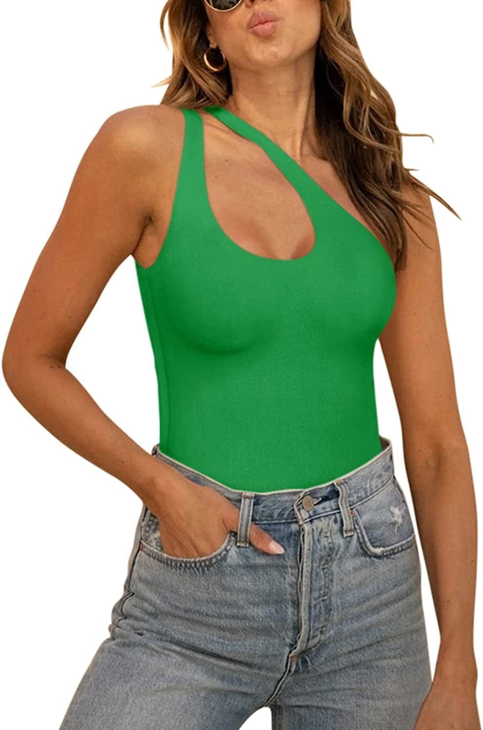 REORIA Women’S Sexy One Shoulder Cutout Front Backless Sleeveless Tank Top Bodysuits Green / X-Large