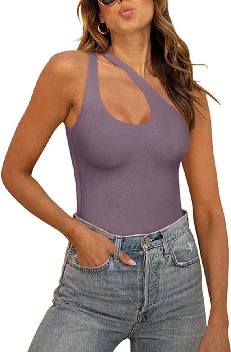REORIA Women’S Sexy One Shoulder Cutout Front Backless Sleeveless Tank Top Bodysuits Grey Purple / Large