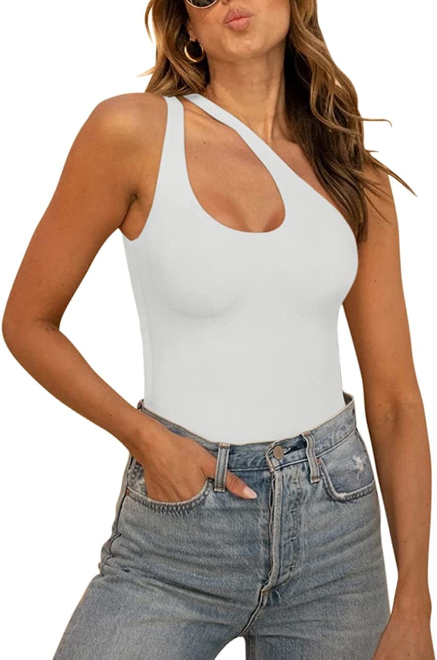 REORIA Women’S Sexy One Shoulder Cutout Front Backless Sleeveless Tank Top Bodysuits 01-white / Large