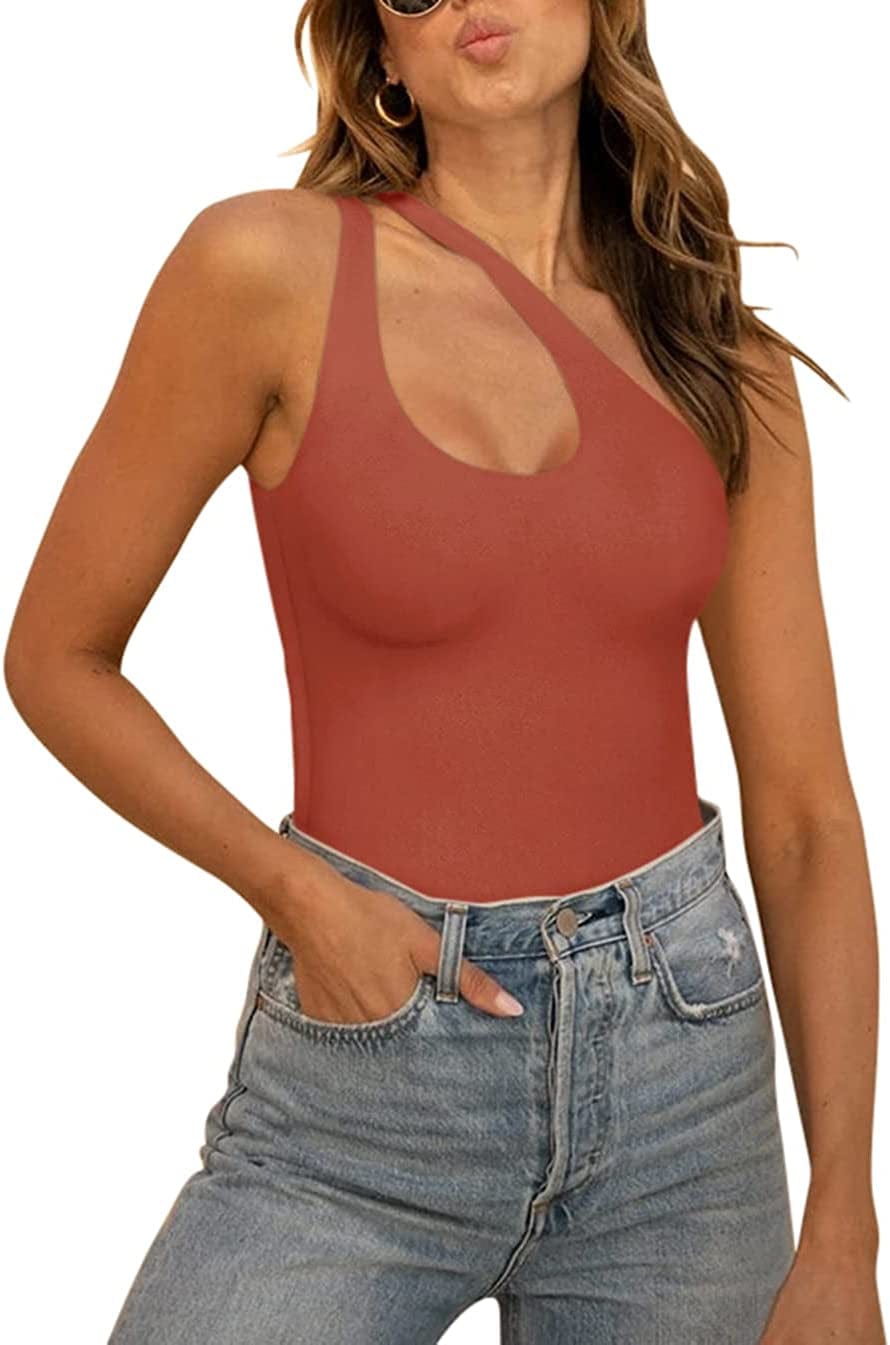 REORIA Women’S Sexy One Shoulder Cutout Front Backless Sleeveless Tank Top Bodysuits Rusty Red / Large