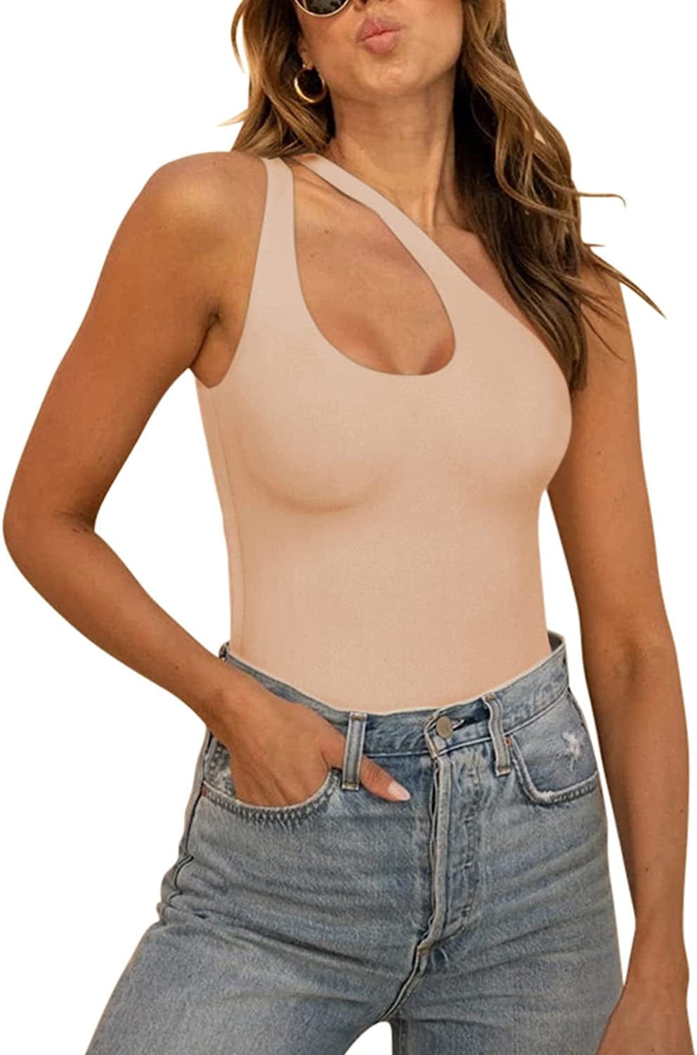 REORIA Women’S Sexy One Shoulder Cutout Front Backless Sleeveless Tank Top Bodysuits Nude / Large