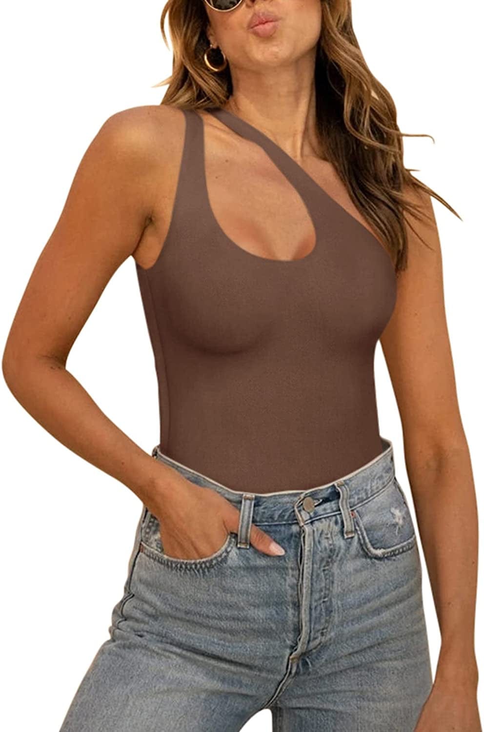 REORIA Women’S Sexy One Shoulder Cutout Front Backless Sleeveless Tank Top Bodysuits Coffee / Large